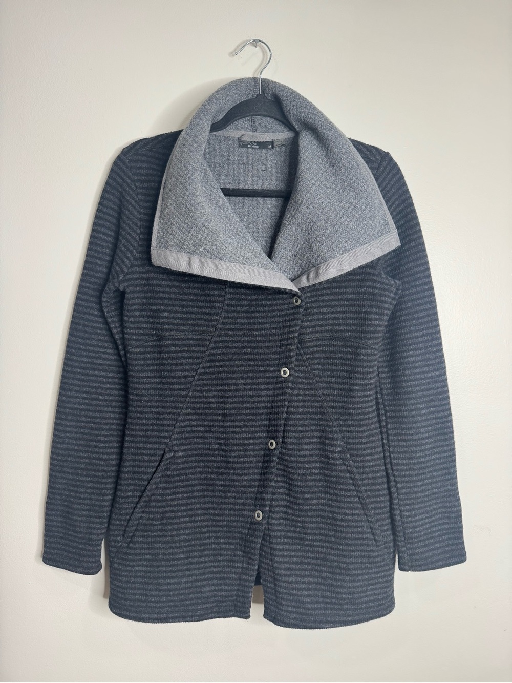 Prana Milana Gray Charcoal Wool Blend Shawl Collar Snap Front Sweater Jacket Med